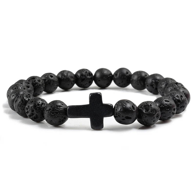 Natural Stone & Lava Bead Cross Bracelet