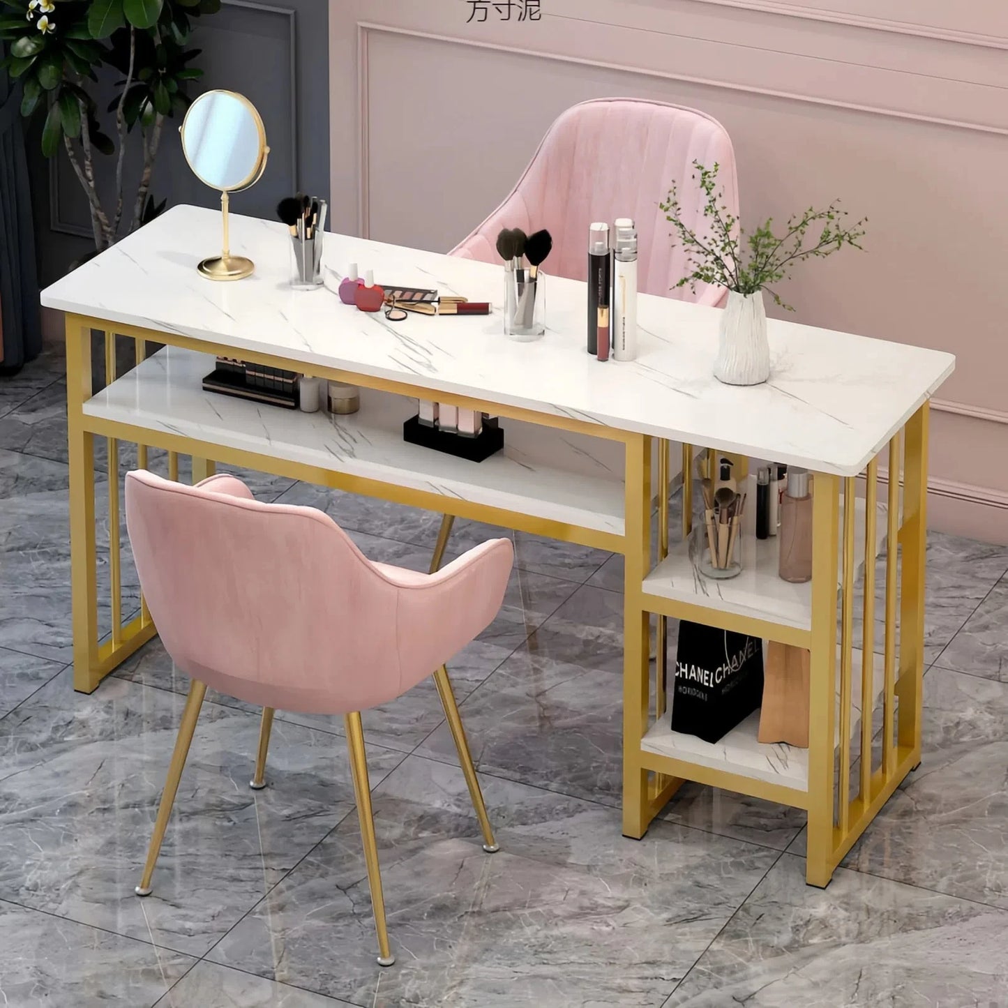 Luxury Pink Marble Foldable Nail Table – Portable Manicure Desk with LED Lamp & Dust Collector
