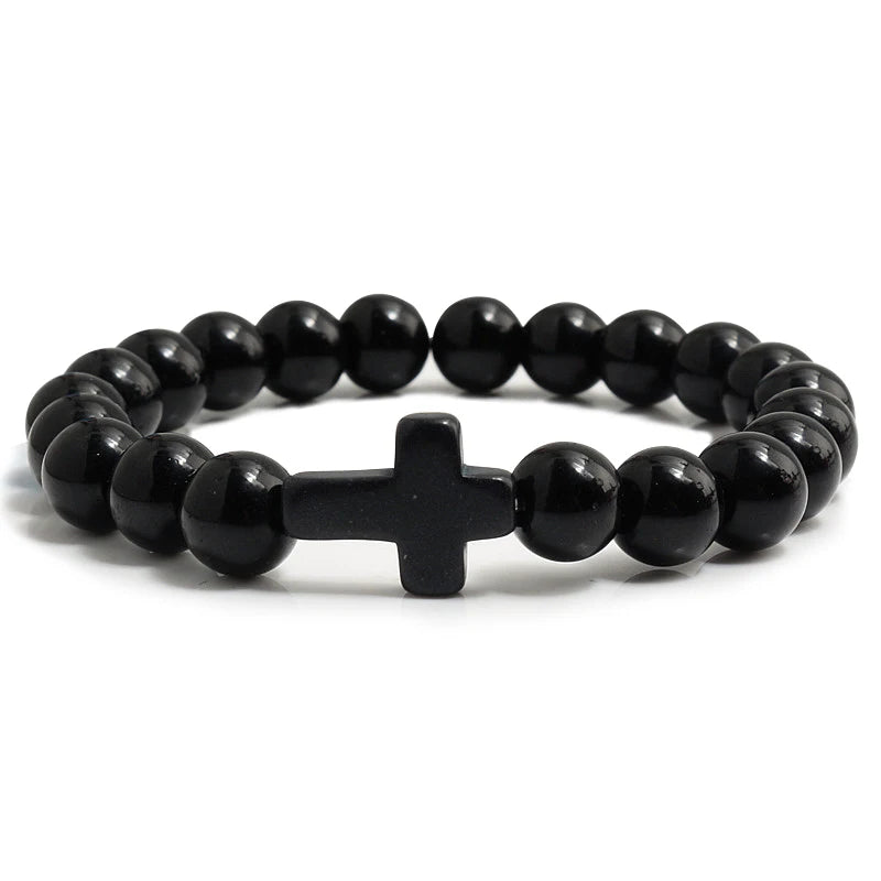 Natural Stone & Lava Bead Cross Bracelet