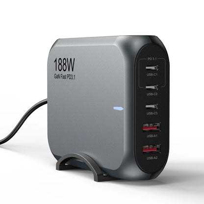 188W GaN PD3.1 Fast Desktop Charger – 5-Port Multi-Device Phone & Laptop Charging Hub
