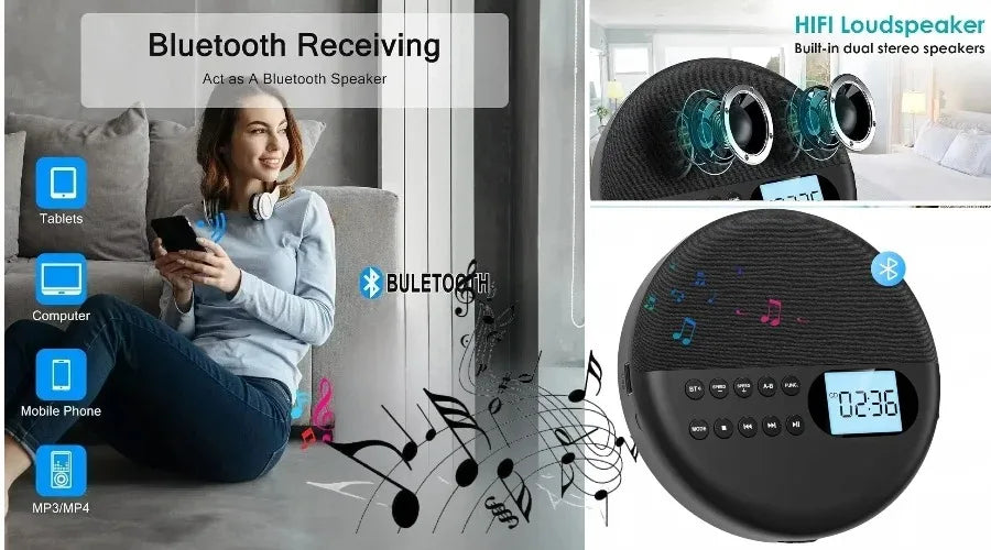 Portable Is CD Player Two-way Bluetooth 5.0 Built-in Speaker HIFI CD Music Walkman ASP Rechargeable USB Lossless Playback