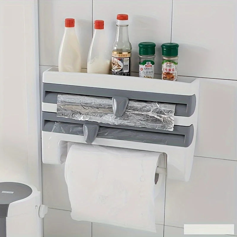 Wall-Mounted Kitchen Organizer with Built-In Scissors & Foil Dispenser